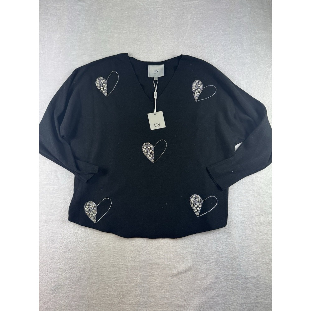 LIV Milano Women Black Heart Pearl Rhinestone V-Neck Pullover Sweater Size L